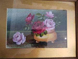Antique Pink and Red Rose Flowers Oil Painting in Original Gold Gilt Frame Victorian Roses 1800's