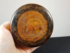 Antique Poker Work Treen Carved Wood Round Jewelry or Trinket Box Early 1900's Original Hand Made