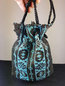 Vintage Beaded Hand Bag Evening Purse Blue and Black Glass Beads Drawstring 1920's Art Deco