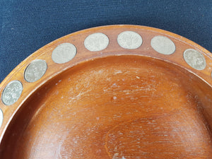 Vintage Wooden Bowl with British Five Pence Coins Inlay 1950's - 1960's