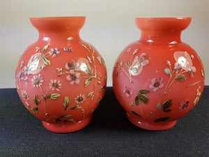 Antique Victorian Cranberry Glass Posy Flower Vases Set of 2 Hand Painted Original 1800's