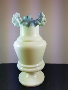 Antique Blue and White Milk Glass Flower Vase Hand Blown Glass Late 1800's - Early 1900's