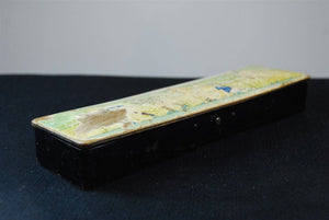 Antique French Pen or Pencil Storage Box with Illustrated Children Skating on the Top Paper Mache