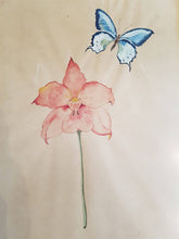 Load image into Gallery viewer, Vintage Pink Flower and Blue Butterfly Original Watercolor Art Painting 1920&#39;s - 1930&#39;s Framed
