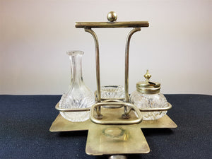 Vintage Clear Cut Glass Cruet Set in Silver Plated Stand Art Deco 1920's Original with Mustard or Pepper Pot Salt Cellar and Vinegar Bottle