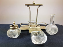 Load image into Gallery viewer, Vintage Clear Cut Glass Cruet Set in Silver Plated Stand Art Deco 1920&#39;s Original with Mustard or Pepper Pot Salt Cellar and Vinegar Bottle
