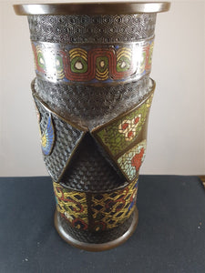 Antique Chinese Cloisonne and Copper Metal Vase or Display Cane or Umbrella Stand Original