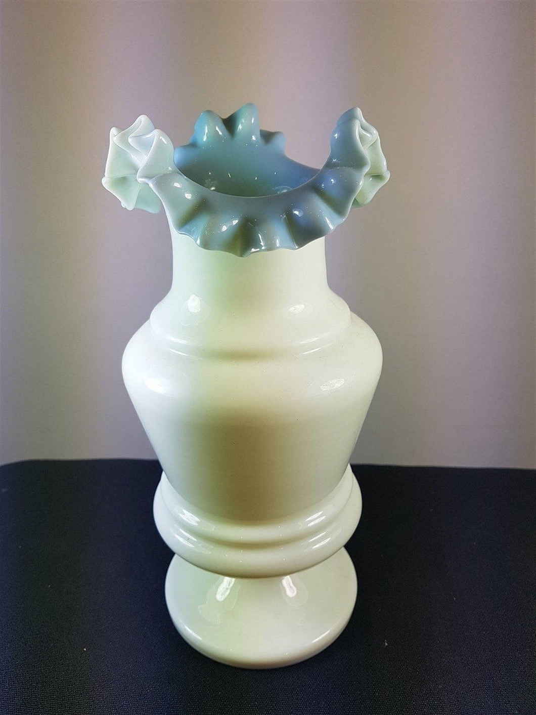 Antique Blue and White Milk Glass Flower Vase Hand Blown Glass Late 1800's - Early 1900's