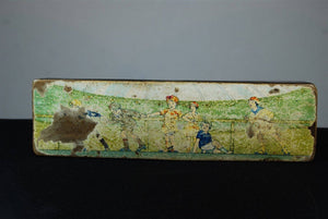 Antique French Pen or Pencil Storage Box with Illustrated Children Skating on the Top Paper Mache