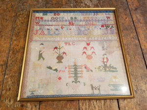 Antique Child's Sampler Needlepoint Embroidery Sample 1877 Jane Annie Armstrong Age 14 Framed Art Victorian Original Hand Embroidered