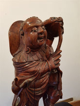 Load image into Gallery viewer, Antique Chinese Buddha Wood Carving with Teeth and Glass Eyes Hand Carved Wooden Statue Sculpture Figurine Original Art
