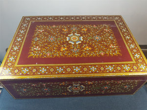 Vintage Hand Painted Wooden Jewelry or Trinket Box Burgundy Red with Flowers Original Art