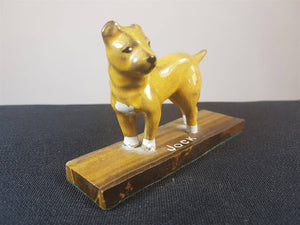 Vintage Dog Figurine Named Jock Ceramic Art Pottery on Wooden Display Base 1930's Sculpture Original
