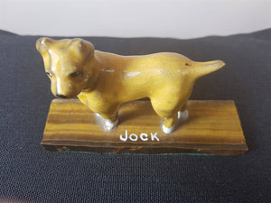 Vintage Dog Figurine Named Jock Ceramic Art Pottery on Wooden Display Base 1930's Sculpture Original