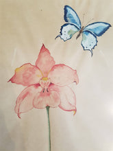 Load image into Gallery viewer, Vintage Pink Flower and Blue Butterfly Original Watercolor Art Painting 1920&#39;s - 1930&#39;s Framed
