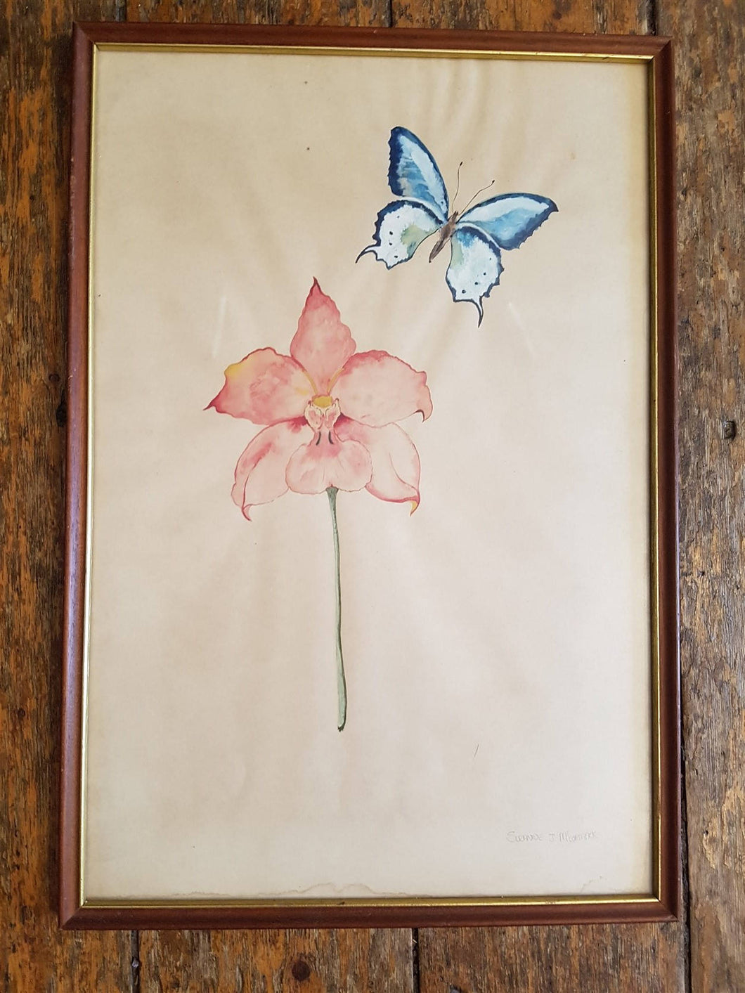 Vintage Pink Flower and Blue Butterfly Original Watercolor Art Painting 1920's - 1930's Framed