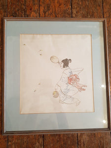 Vintage Japanese Geisha Girl in Kimono Butterfly Catcher Watercolor Painting on Paper Original Art 1920's - 1930's in Frame Wall Art