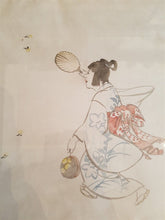 Load image into Gallery viewer, Vintage Japanese Geisha Girl in Kimono Butterfly Catcher Watercolor Painting on Paper Original Art 1920&#39;s - 1930&#39;s in Frame Wall Art
