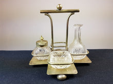 Load image into Gallery viewer, Vintage Clear Cut Glass Cruet Set in Silver Plated Stand Art Deco 1920&#39;s Original with Mustard or Pepper Pot Salt Cellar and Vinegar Bottle
