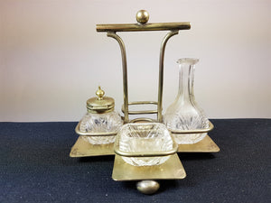 Vintage Clear Cut Glass Cruet Set in Silver Plated Stand Art Deco 1920's Original with Mustard or Pepper Pot Salt Cellar and Vinegar Bottle