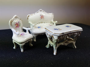 Vintage Miniature Doll House Furniture Set Chair Sofa Couch Table French Ceramic Porcelain