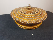 Load image into Gallery viewer, Vintage Hand Carved Wood Round Box Jewelry Trinket or Sewing Hand Made Signed by Artist and Dated 1958 Original
