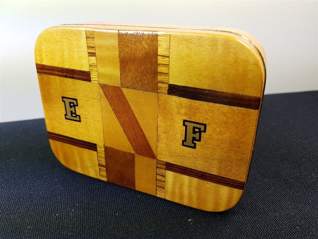Vintage Prison Art Tobacco Tin Box Altered with Wood Inlay Hand Made Original 1950's - 1970's Wooden Veneer Marquetry