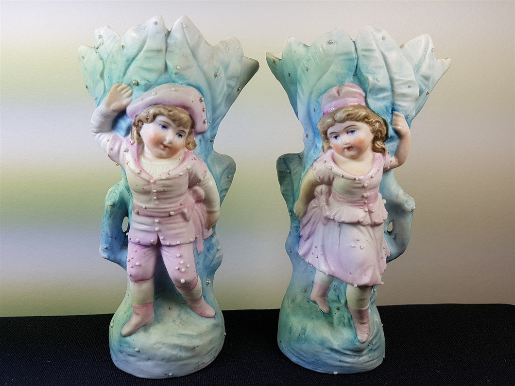 Antique German Bisque Flower Vase Set of 2 Pair Boy and Girl Figurines Victorian Original 1800's Ceramic Porcelain Hand Painted