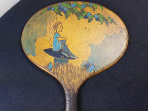 Antique Wooden Vanity Hand Mirror with Tinker Bell Peter Pan Fairy Tale Pyrography Poker Work Painting Early 1900's Original Wood Art