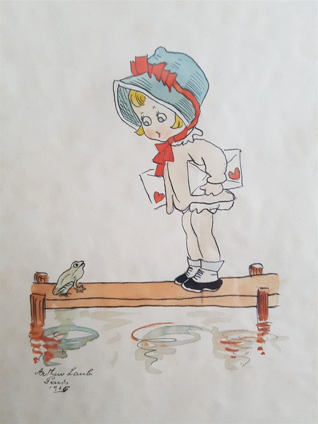 Vintage Sweetheart Watercolor Painting Illustration Drawing Original Art Signed by Artist Arthur Lamb 1926 Girl and Frog in Frame Framed