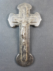 Antique French Crucifix Cross Wood and Metal 1800's Original Wall Hanging Hand Carved Wooden