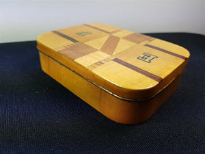 Vintage Prison Art Tobacco Tin Box Altered with Wood Inlay Hand Made Original 1950's - 1970's Wooden Veneer Marquetry