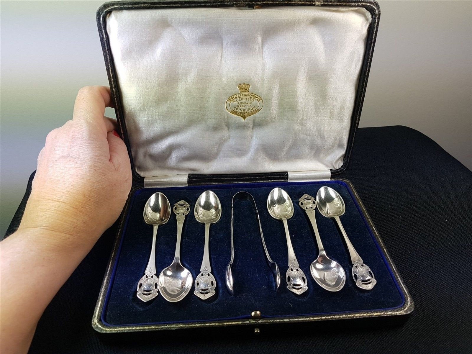 Vintage Art Deco Teaspoon Set with Sugar Tongs Teaspoons in Original Presentation Box 1920's Original Sheffield Silver Plated