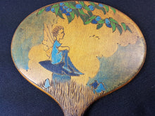 Load image into Gallery viewer, Antique Wooden Vanity Hand Mirror with Tinker Bell Peter Pan Fairy Tale Pyrography Poker Work Painting Early 1900&#39;s Original Wood Art
