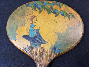 Antique Wooden Vanity Hand Mirror with Tinker Bell Peter Pan Fairy Tale Pyrography Poker Work Painting Early 1900's Original Wood Art