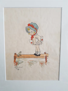 Vintage Sweetheart Watercolor Painting Illustration Drawing Original Art Signed by Artist Arthur Lamb 1926 Girl and Frog in Frame Framed