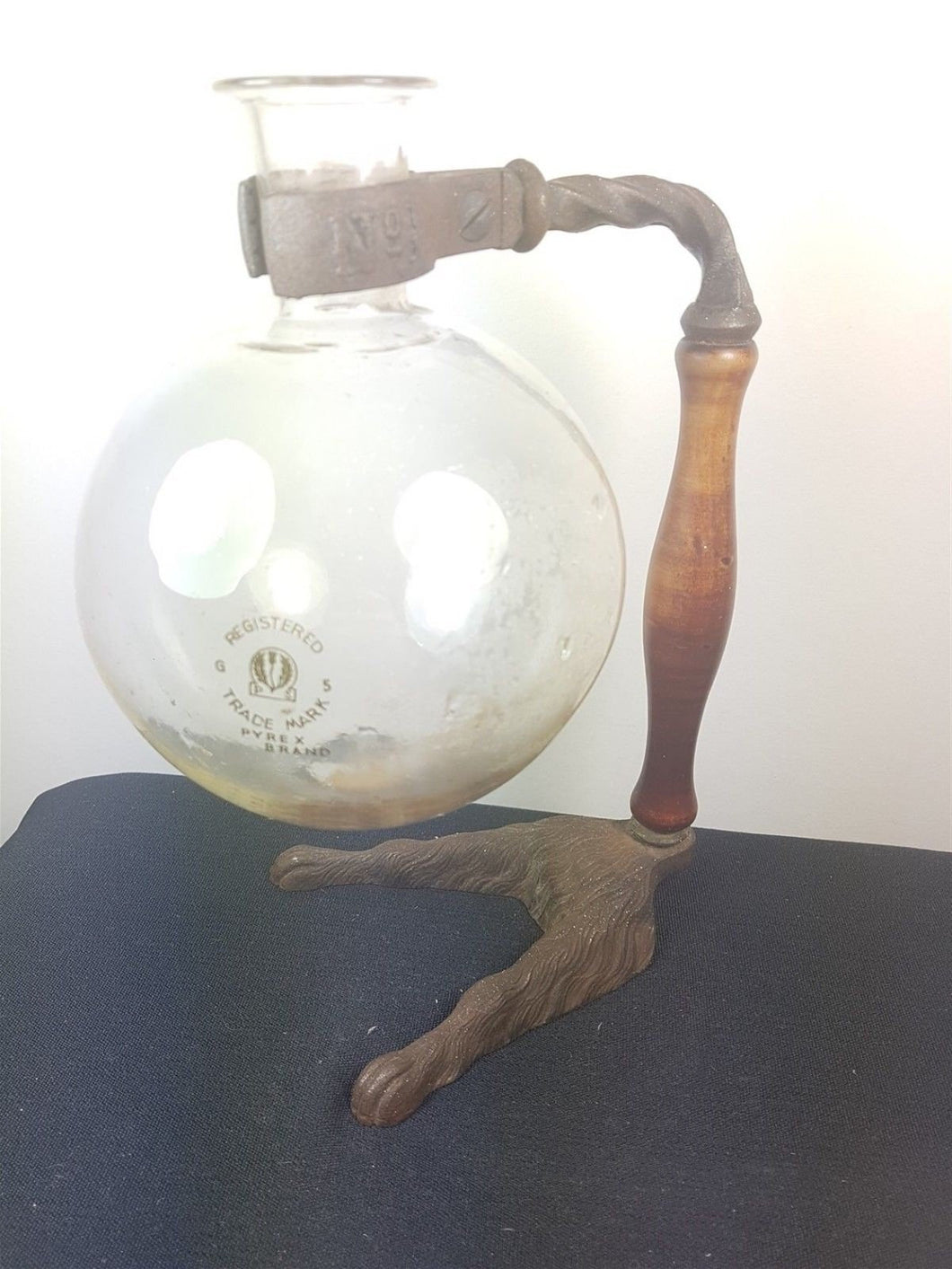 Antique Laboratory Flask Bottle with Wood Handle and Cast Iron Claw Feet Stand Scientific 1800's Original Rare Unusual Oddity