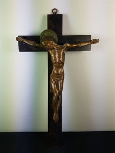 Antique Crucifix Cross Wood and Bronze German Herimann Signed