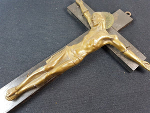 Antique Crucifix Cross Wood and Bronze German Herimann Signed