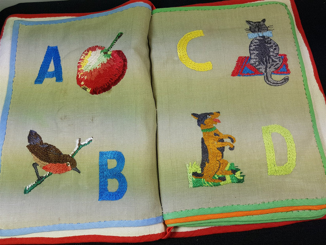 Antique Cloth Baby Alphabet ABC Book with Animals Objects and Numbers Completely Hand Embroidered on Linen Hand Made Original Early 1900's