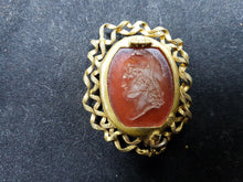 Load image into Gallery viewer, Antique Pink Intaglio Glass Portrait Brooch Pin and Necklace Pendant Gold Metal Victorian 1800&#39;s Original
