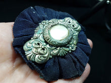 Load image into Gallery viewer, Antique Mother of Pearl Silver Filigree Metal and Ribbon Brooch Pin Victorian 1800&#39;s Original
