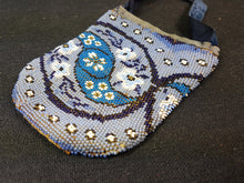 Load image into Gallery viewer, Antique Victorian Glass Beaded Pouch Wrist Purse 1800&#39;s Original Evening Bag Blue and White Glass Beads Beadwork
