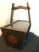 Load image into Gallery viewer, Antique Dutch Wooden Box with Slide Top Lid and Wood Handle with Hand Painted Art Flowers 1800&#39;s Original
