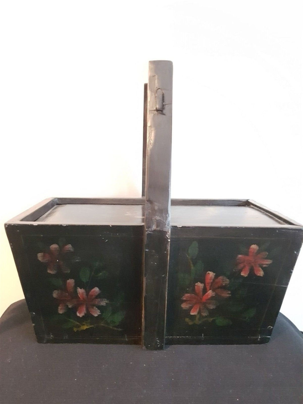 Antique Dutch Wooden Box with Slide Top Lid and Wood Handle with Hand Painted Art Flowers 1800's Original