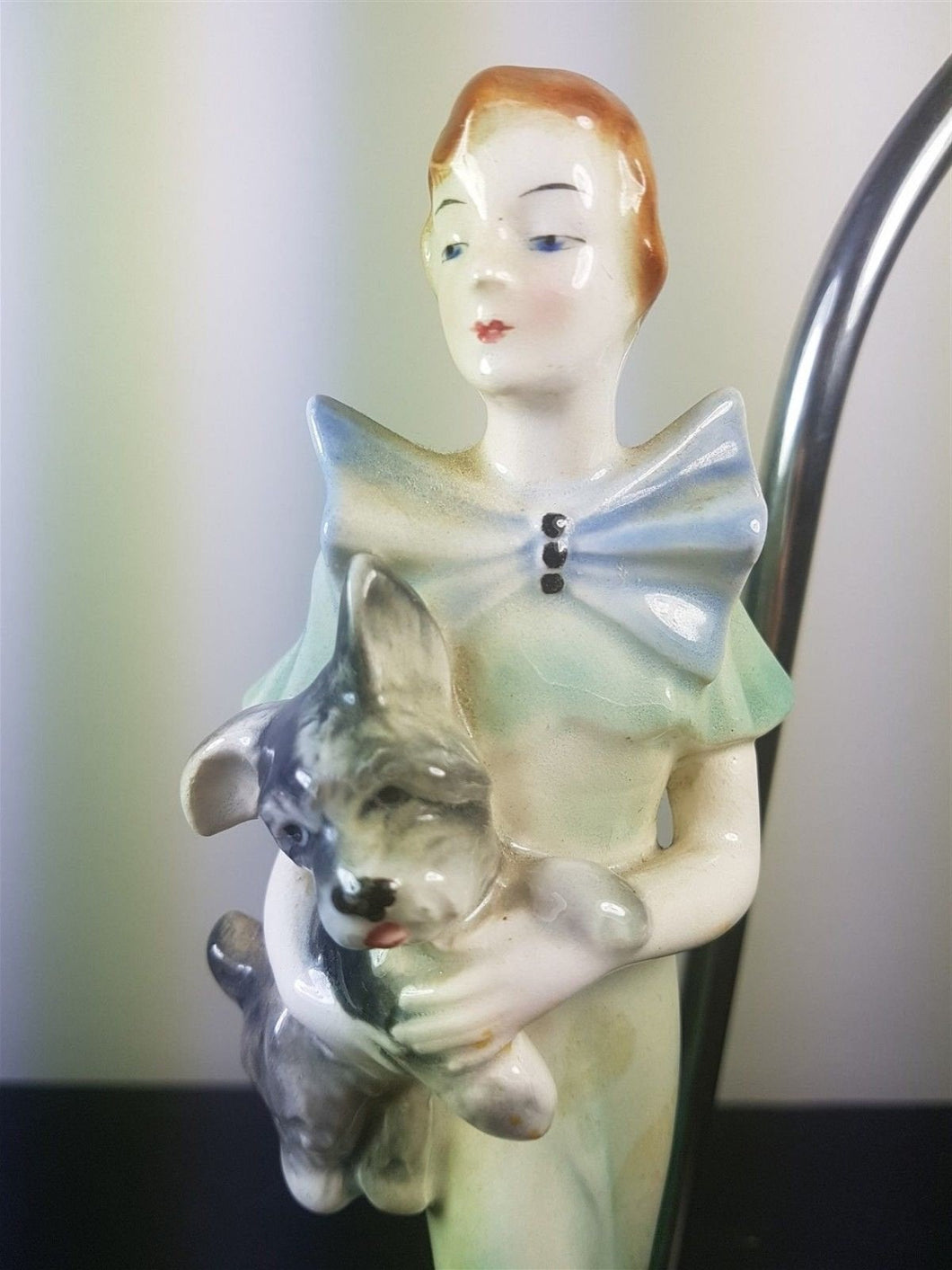 Vintage Art Deco Ceramic Flapper Lady and Terrier Dog Figurine Table or Desk Lamp 1920's Original and Working