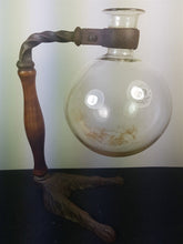 Load image into Gallery viewer, Antique Laboratory Flask Bottle with Wood Handle and Cast Iron Claw Feet Stand Scientific 1800&#39;s Original Rare Unusual Oddity
