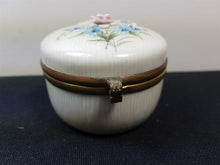 Load image into Gallery viewer, Vintage Jewelry or Trinket Box or Powder Jar Ceramic Pottery and Brass Metal with Hand Painted Ceramic Flowers Dated 1922
