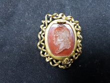 Load image into Gallery viewer, Antique Pink Intaglio Glass Portrait Brooch Pin and Necklace Pendant Gold Metal Victorian 1800&#39;s Original
