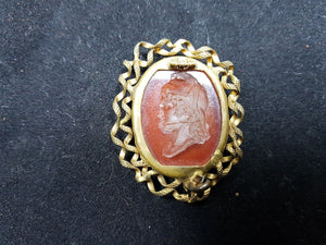 Antique Pink Intaglio Glass Portrait Brooch Pin and Necklace Pendant Gold Metal Victorian 1800's Original